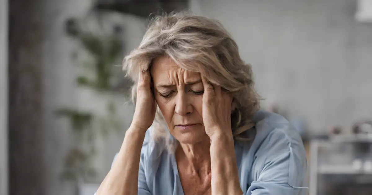 A woman looks worried and is frowning, eyes closed, massaging her temples