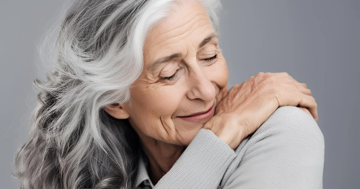 Mature woman with long grey hair, smiling.