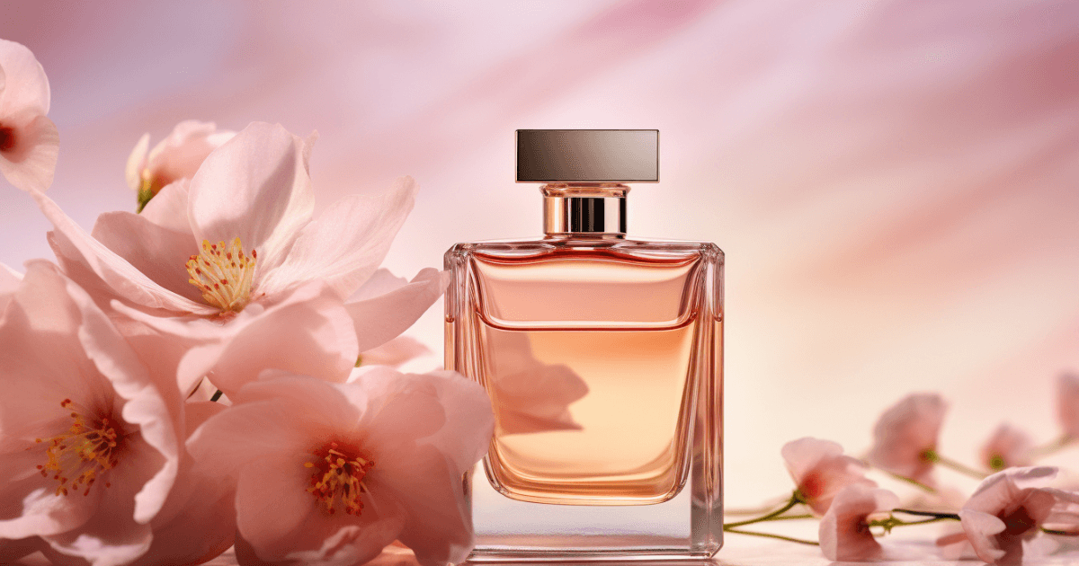 A bottle of perfume set to a pink background with pink flowers next to it.